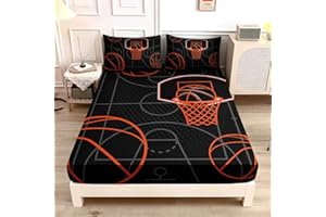 UEVBF Basketball Court Print Full Fitted Sheets Set for Boys,Ball Sports Games Bedding Set for Teens Kids Bedroom Decor,Orange Basketball Fitted Sheets Full Size,1 Fitted Sheet+2 Pillowcases.