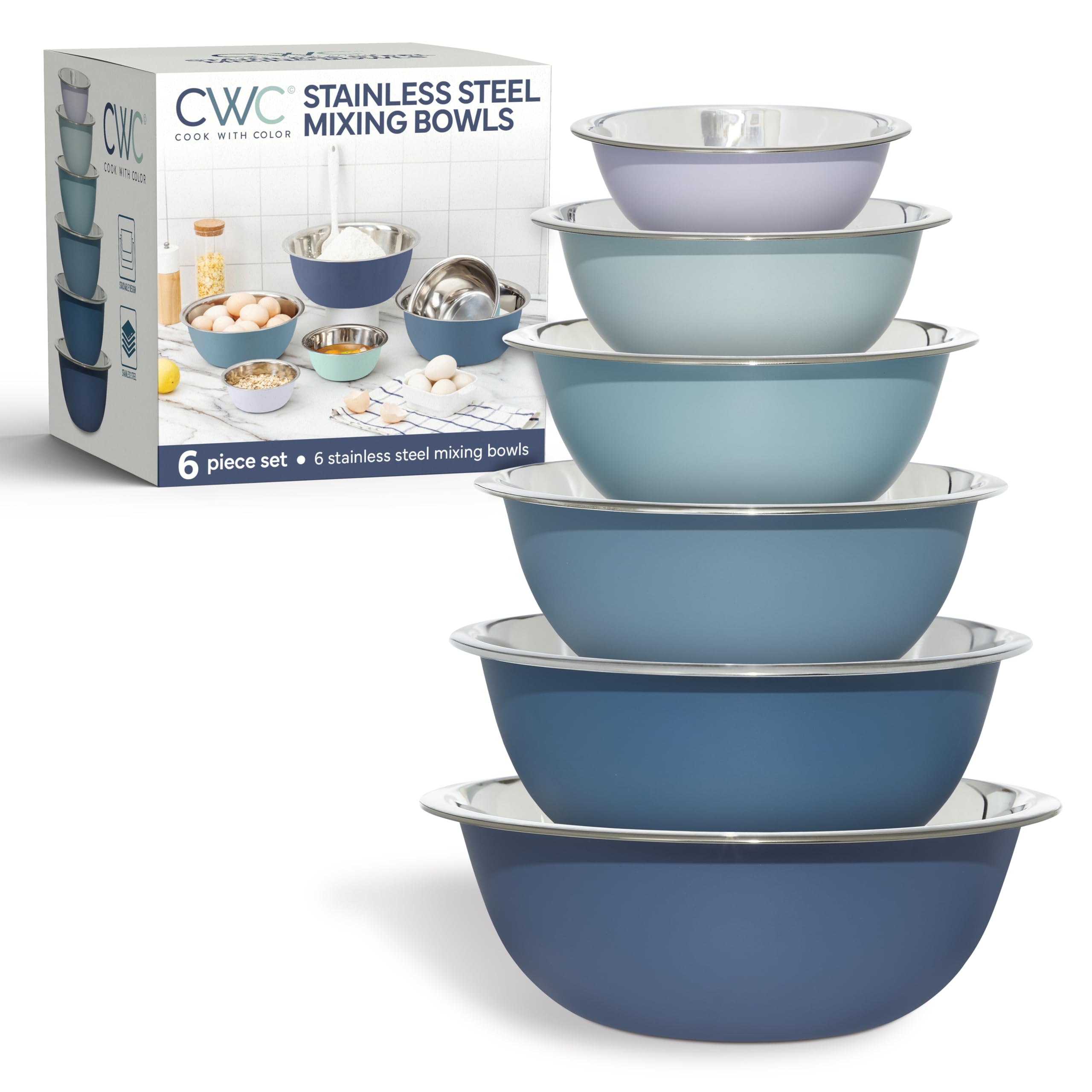 Photo 1 of COOK WITH COLOR Stainless Steel Mixing Bowls Set - Nesting Bowls, 6 Pieces, Blue