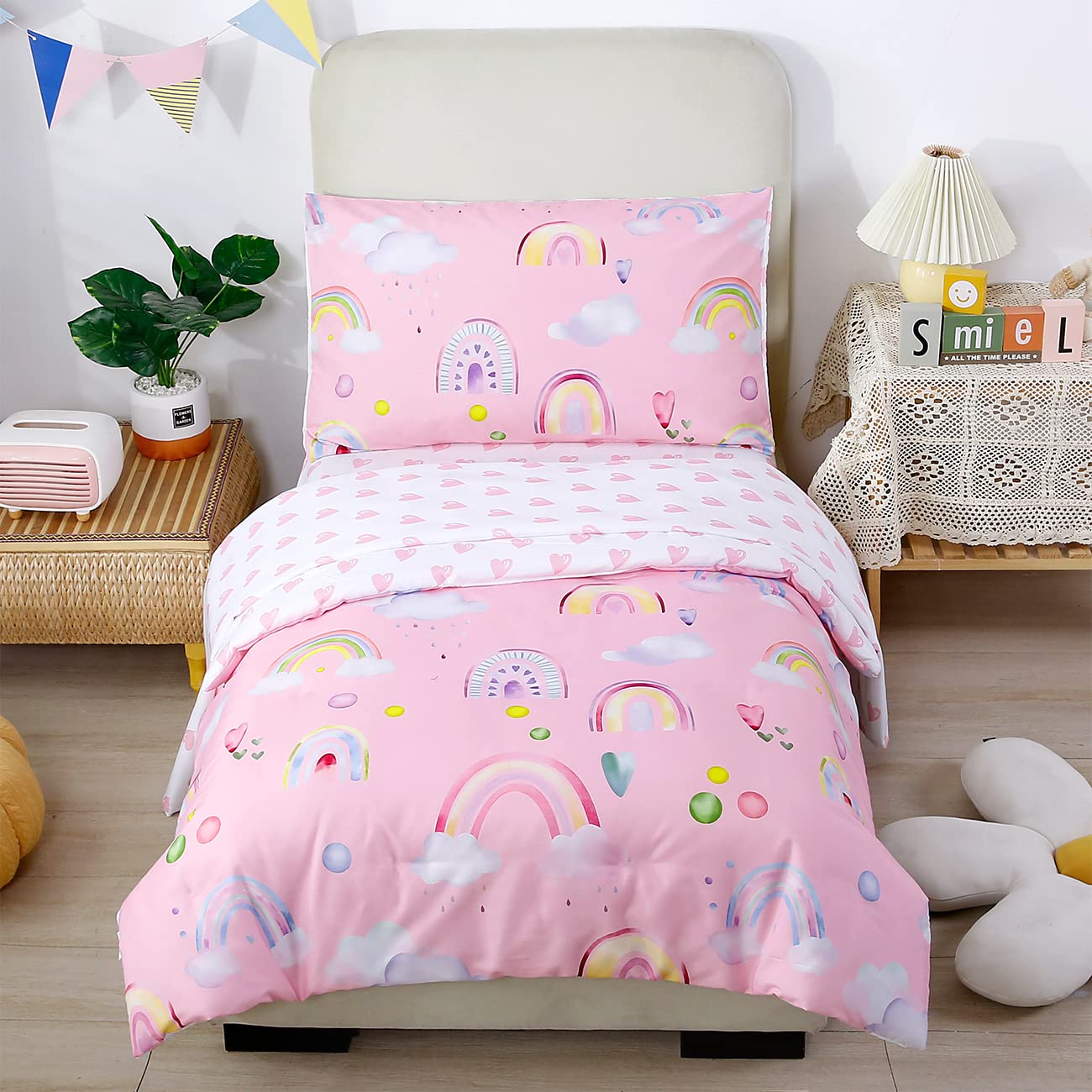 STYHO Rainbow Print Duvet Cover Sets Hearts Pattern Girls Bedding Set Ultra Soft Lovely Reversible Pink Quilt Cover Set for Kids Children(Pink, Double)
