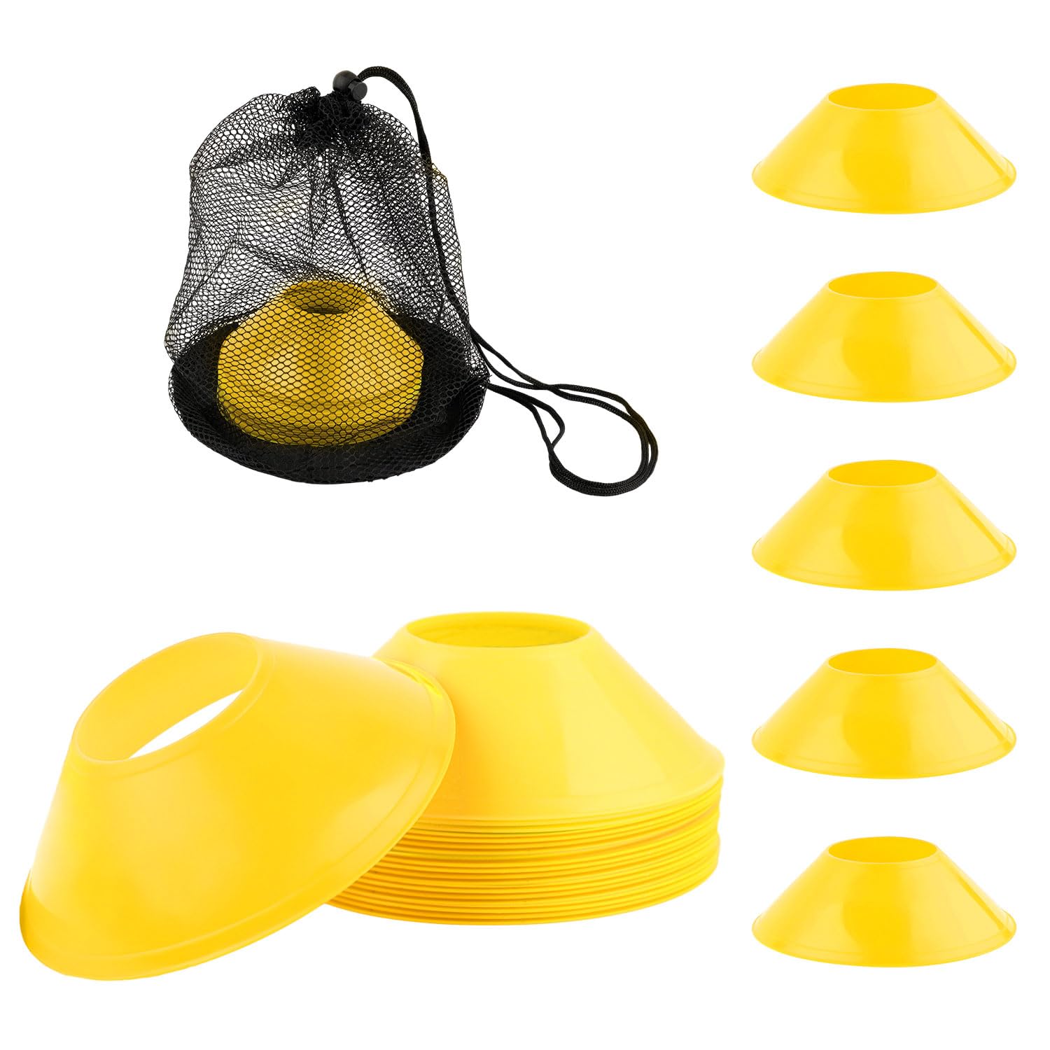 25pcs Soccer Cones for Sports Training, Mini Football Cones with Mesh Bag, Flexible Agility Practice Cones Drills Training Plastic Cones for Basketball Running Sports Games Kids Skating(Yellow)