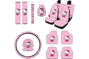 Lyukrsg 15 Pcs Cartoon Car Accessories Set Include Car Seat Cover Car Floor Mats Car Steering Wheel Cover Seat Belt Pads Car Coasters Keychain for Car SUV Truck