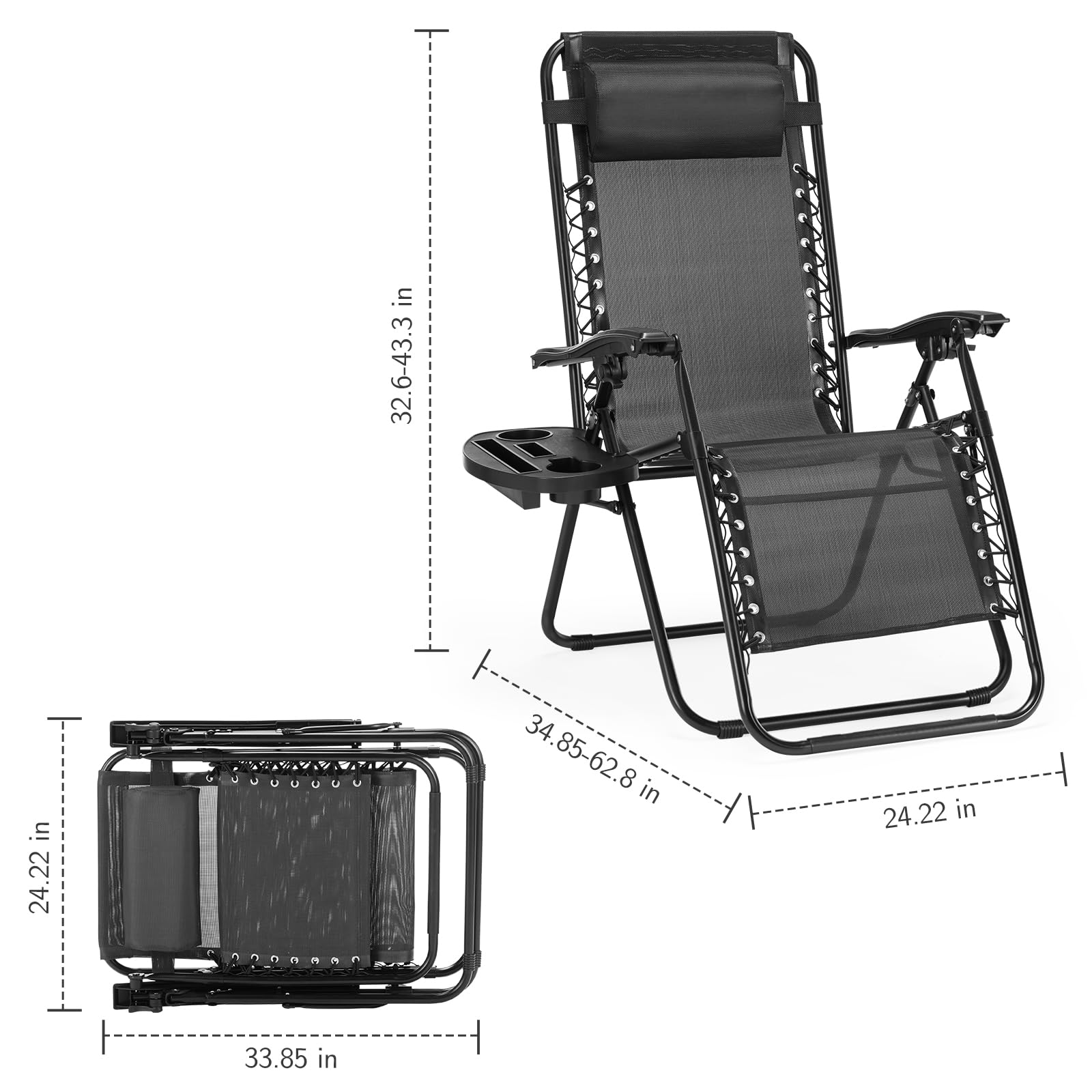 Sweetcrispy Zero Gravity Chairs, Set of 2 Portable Recliner Beach Camping Patio Outdoor Folding Lounge Chair with Cup Holder Trays and Adjustable Pillow for Poolside, Garden, Backyard, Lawn (Black) - Image 8