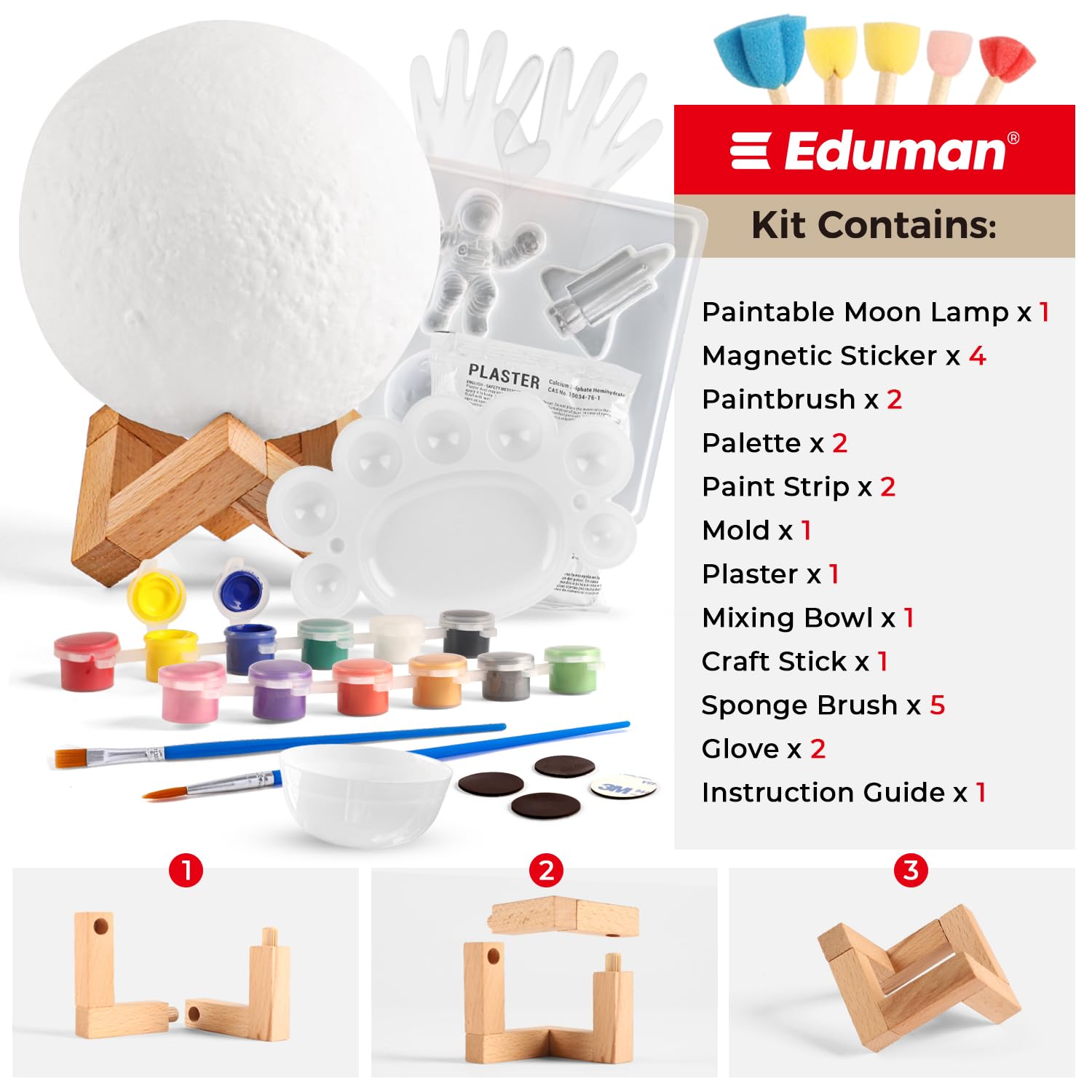 EDUMAN Paint Your Own Moon Lamp Kit, DIY 3D Moon Night Light with Space Figurines & Wooden Stand,Space Toys Night Light Gift for Kids Ages 3-12, Arts and Crafts Kit for Teens Girls Boys