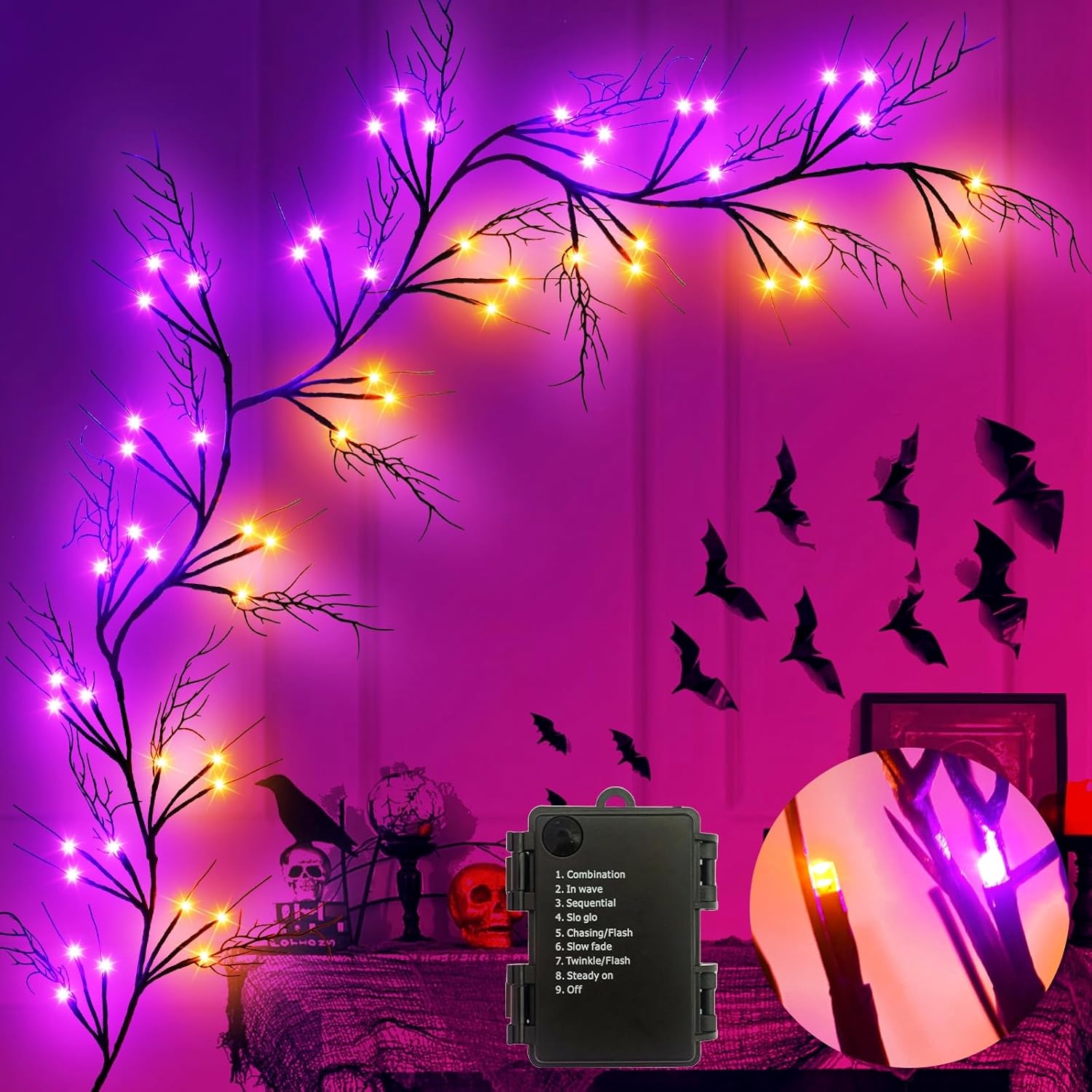 Wreaths, Garlands & Swags - obbsie 6Ft 57 LED Pre-lit Halloween Willow Vine Twig Garland with Orange & Purple Lights Timer 8 Modes Waterproof Battery Operated Scary Halloween Decorations Branches for Home Wall Fireplace Mantle