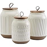 TTU Tabletops Gallery Ceramic Canister Collection- Stoneware Designed Kitchen Storage Embossed Acacia Wood White Set, 3 Piece Embossed Ziggy White Canister Set