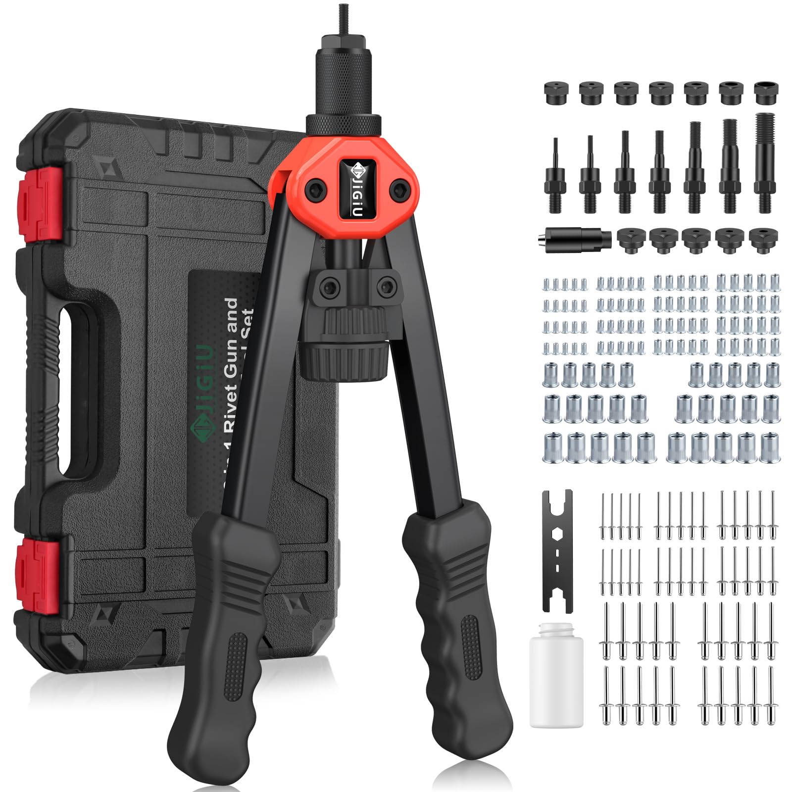 JiGiU 2 in 1 Rivet Nut Tool and Rivet Gun, Professional Hand Rivnut Gun Rivet Nut Gun Tool Heavy Duty Rivnut Tool Kit with M3 M4 M5 M6 M8 M10 M12 & 3.2/4.0/4.8/6.0/6.4 Rivet Heads,110 Nuts & 50 Rivets
