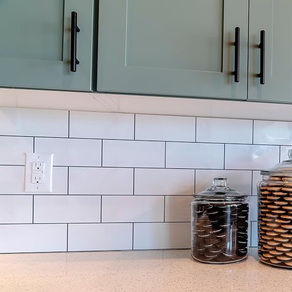 STYLOVUE 100 PIECES PEEL AND STICK BACKSPLASH FOR KITCHEN, 3″ X 6″ PVC SUBWAY TILE 2026 UPGRADED GLOSSY WHITE WITH DARK GRAY GROUT BACKSPLASH STICK ON TILE ELEVATE KITCHEN, BATHROOM, FIREPLACE,RV