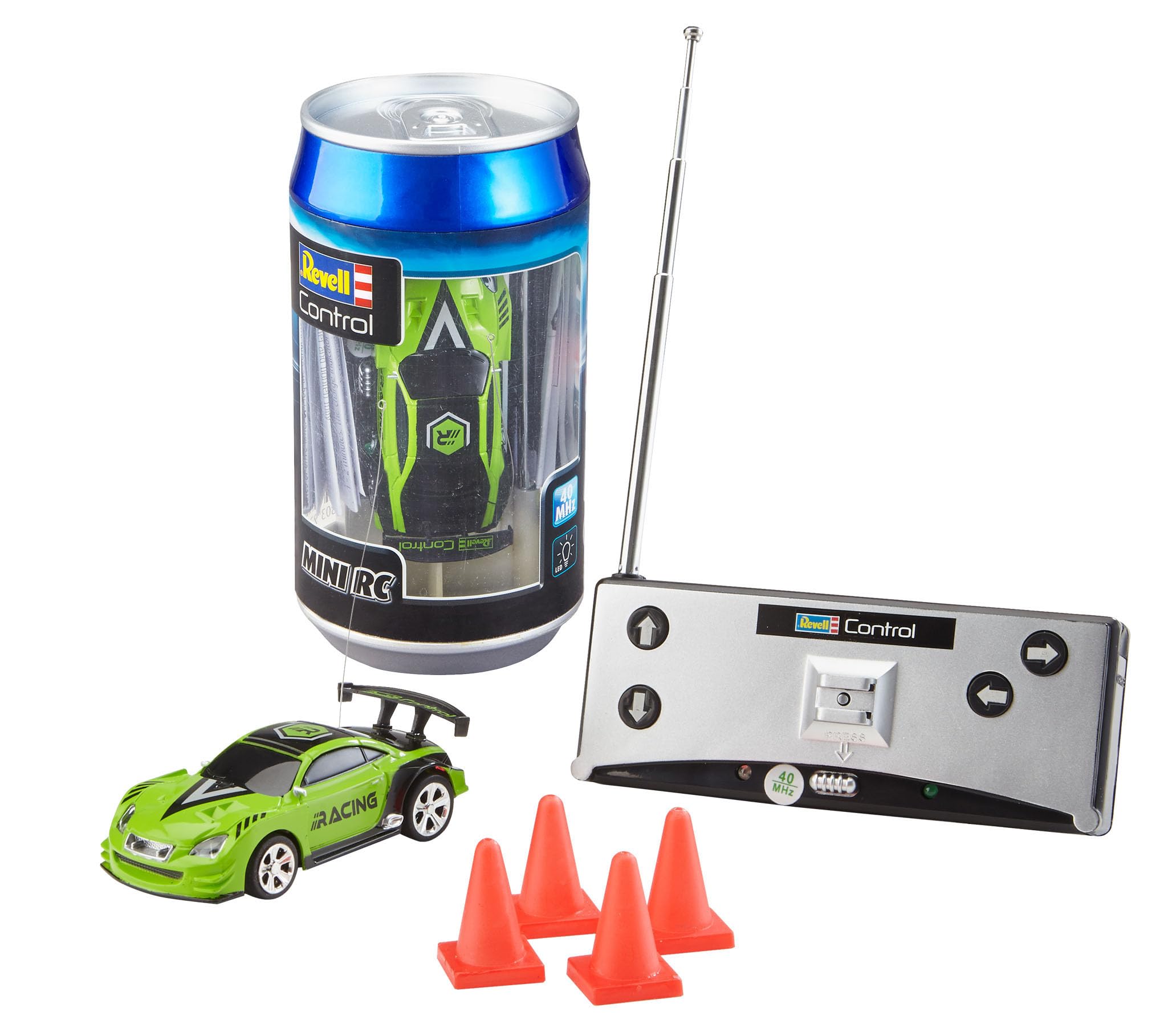 Revell Control 23560 Mini Remote Control Car Racing Car Green, With 40 MHz Control, In a Can Container, Includes Traffic Cones, 8cm in length