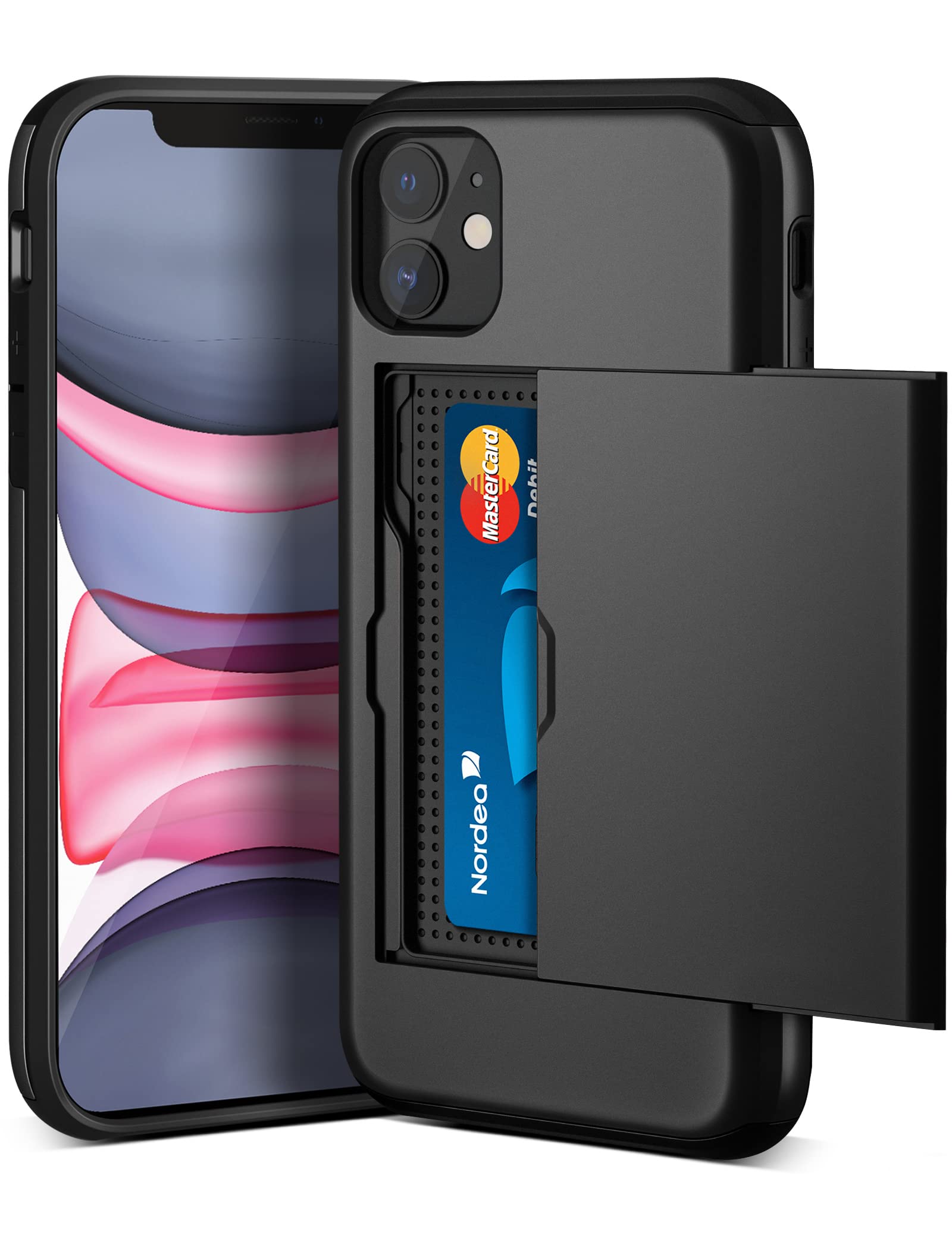 ACOCOBUY for iPhone 11 Case with Card Holder Sliding Cover Hidden Pocket IDs Credit Cards Slot Heavy Duty Shockproof Protective Dual Layer Wallet Phone Cover Back Shell for Men Women 6.1 inch Black