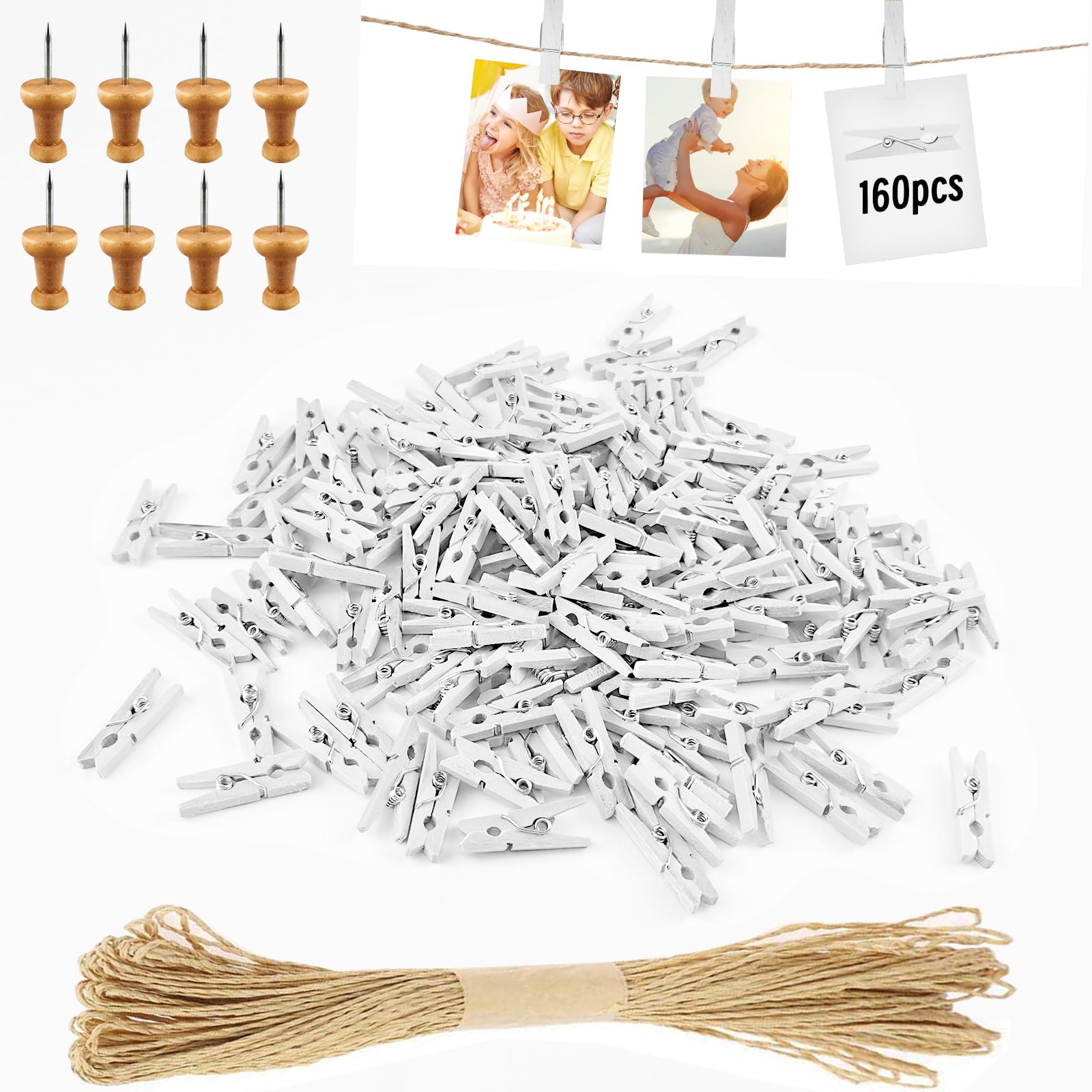 Hengxinc 168PCS Mini Wooden Natural Pegs, 2.5CM Small, DIY Wedding & Polaroid Photo Pegs with 10M Jute String, Anniversary (White)