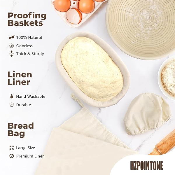 HZPOINTONE BANNETON PROOFING BASKETS SET OF 2, SOURDOUGH BAKING SUPPLIES, BREAD MAKING KIT – 9″ OVAL & 10″ ROUND WITH SILICONE SLING, NATURAL, BPB001