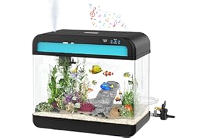 WILODY Fish Tank Aquarium 6.3 Gallon with Music Humidifier 7 Color Auto-Looping Light Adjustable Pump with Filtration & Aeration & Circulation, Temperature Display, Bottom Water Changer, HD Glass