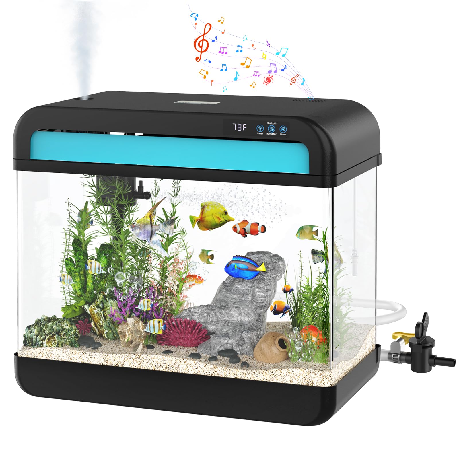 Photo 1 of Fish Tank Aquarium 6.3 Gallon Fish Bowl with Music Humidifier 7 Color Auto-Looping Light Adjustable Quiet Pump, Temperature Display, Bottom Water Changer, HD Float Glass, Leak-Proof Thickened Base