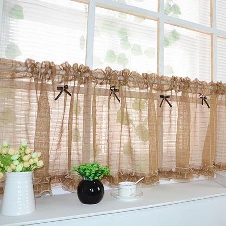 Slot Top Voile Cafe Curtains Kitchen Net Curtains Coffee 140x60cm