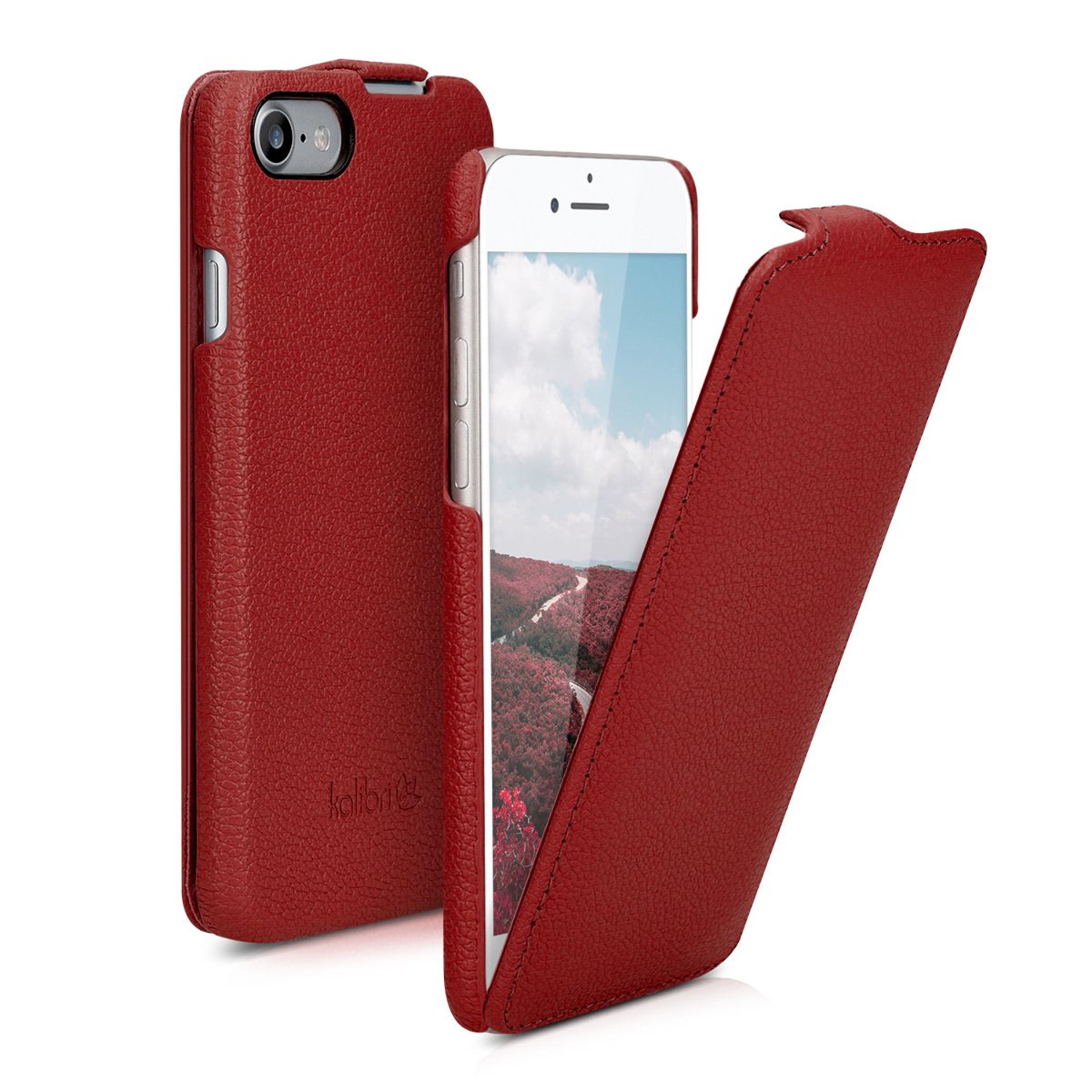 kalibri Flip Case Compatible with Apple iPhone SE (2022) / iPhone SE (2020) / iPhone 8 / iPhone 7 - Ultra Slim Leather Protective Phone Cover - Red