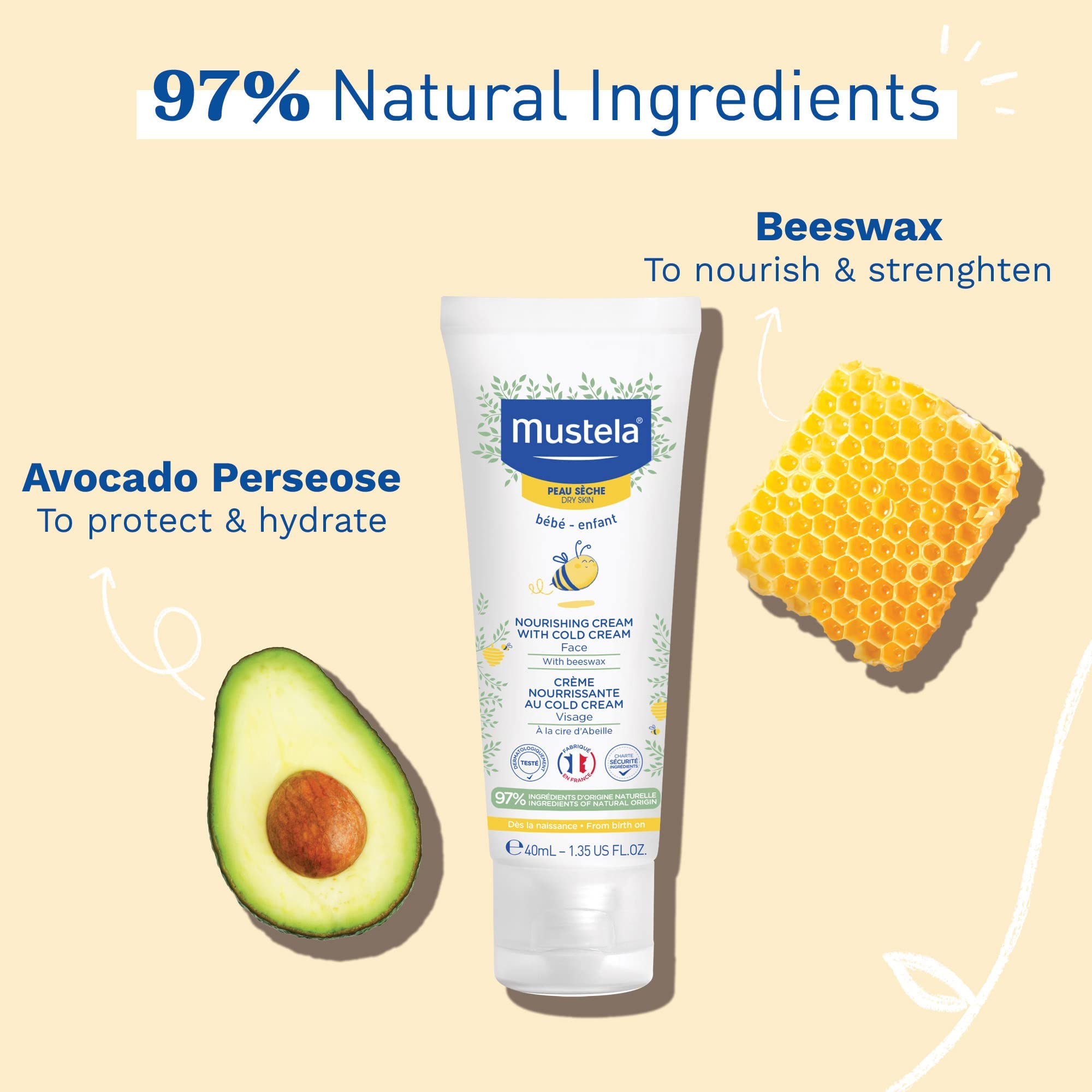 Mustela Baby Nourishing Face Cream – Daily Moisturizer for Dry Skin - with Natural Avocado, Cold Cream & Beeswax - 1.35 fl. oz. – Packaging may vary