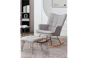 HOMMOW Nursery Rocking Chair with Ottoman, Comfortable Fabric Rocker Glider Chair with High Backrest,Grey Armchair Comfy Side Chair for Nursery Bedroom Living Room