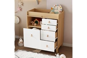 ROMSHINE Baby Dresser with Changing Table Top, 5 Drawers Nursery Dresser with Removable Guard, Infant Diaper Changing Station Baby Cloth Organizer for Nursery and Kids Bedroom, Wood Color - 33.5" W