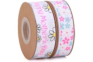 Meseey 20 Yards Mom Ribbon Happy Mother's Day Daisy Floral Grosgarin White and Pink Ribbons for Gift Wrapping, Mother' Day, Valentine's Day，Party Favors(White Mum)