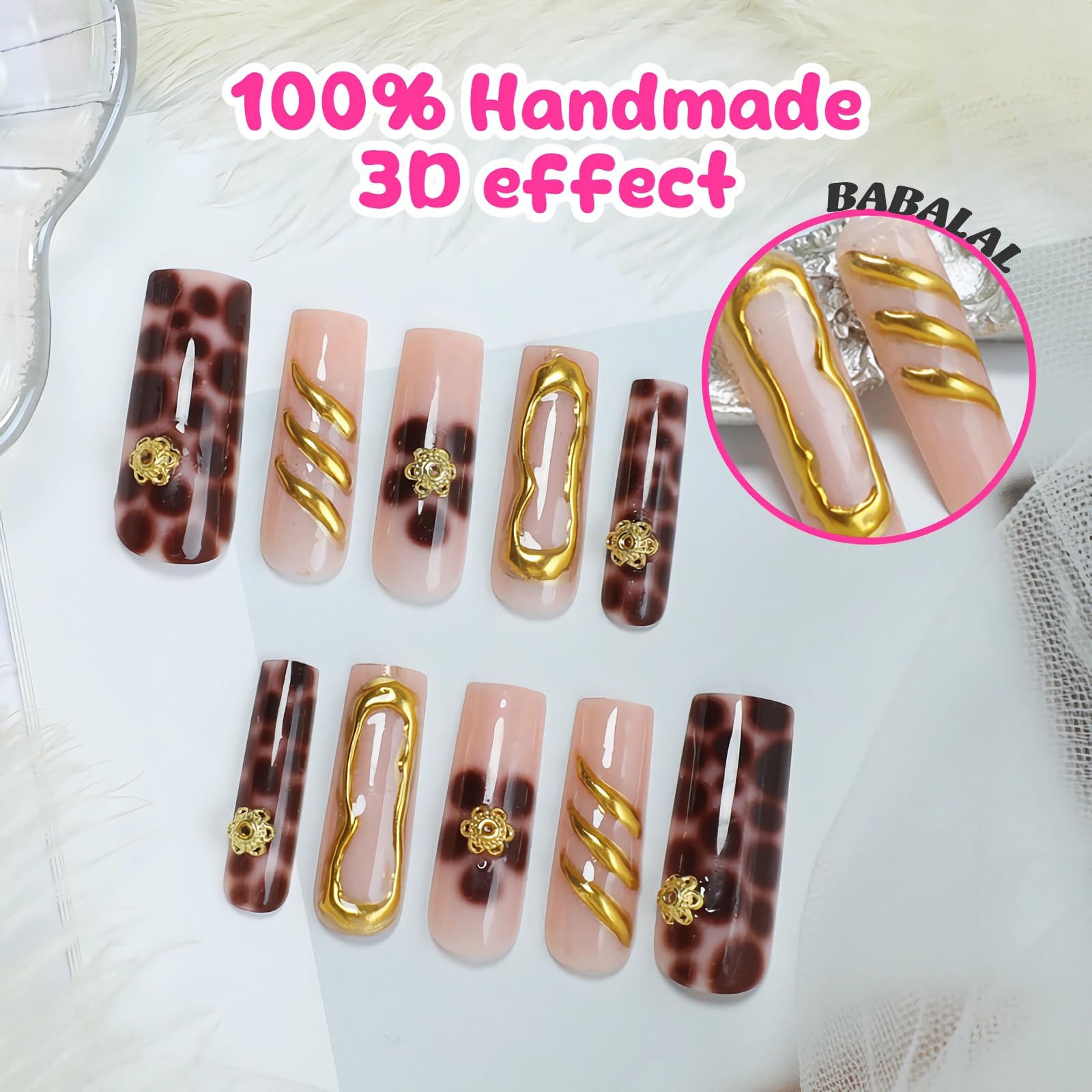 BABALAL Brown Press on Nails Long Square Fake Nails 3D Texture Glue on Nails Gold Flower Acrylic Nails 24Pcs Fall Stick on Nails Squoval Glossy Manicure Artificial Nails - Image 2