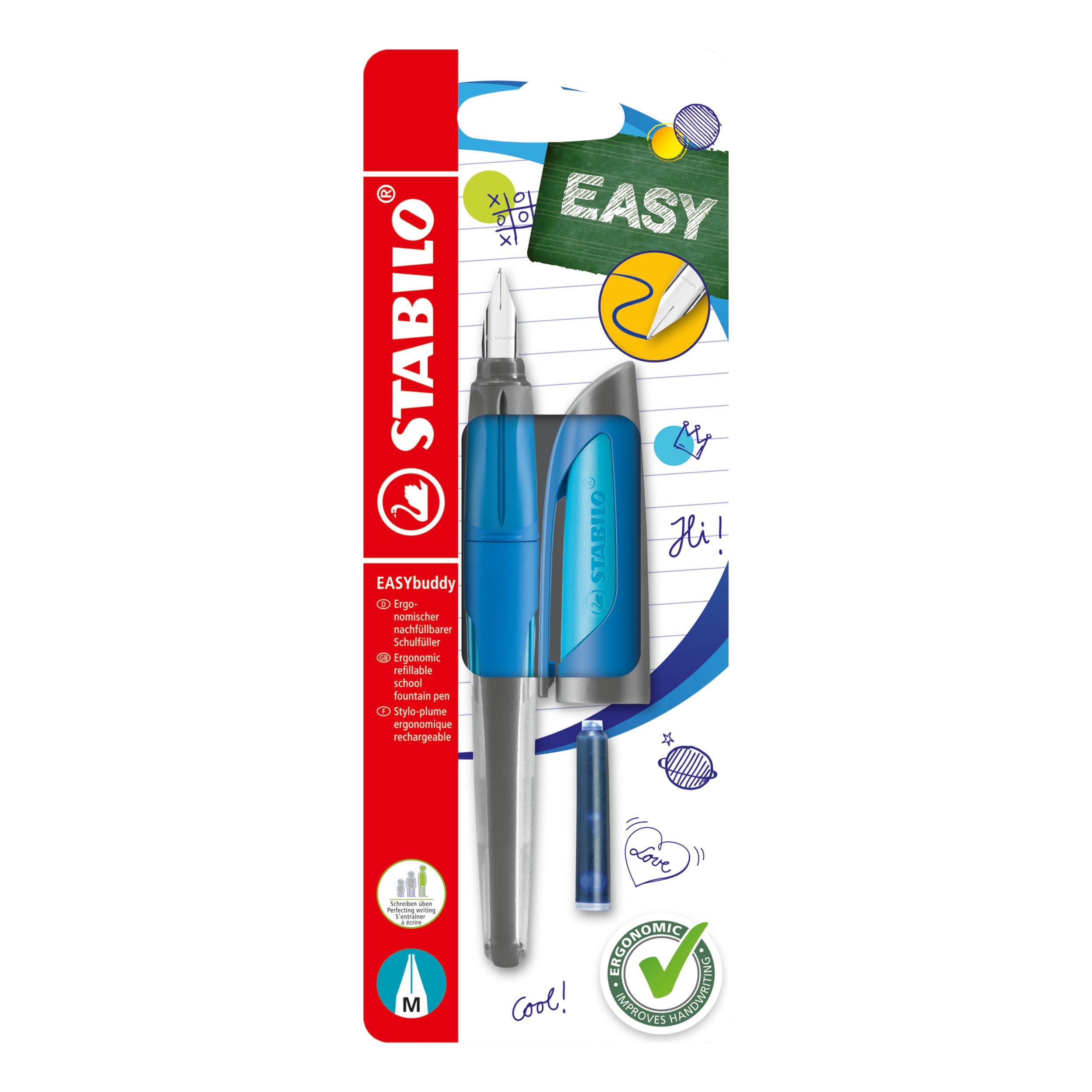 STABILO EASYbuddy - Ergonomic School Fountain Pen - M-Nib (Medium) - Right-Handed - Pack of 1 - Dark Blue/Light Blue including Blue Ink Cartridge