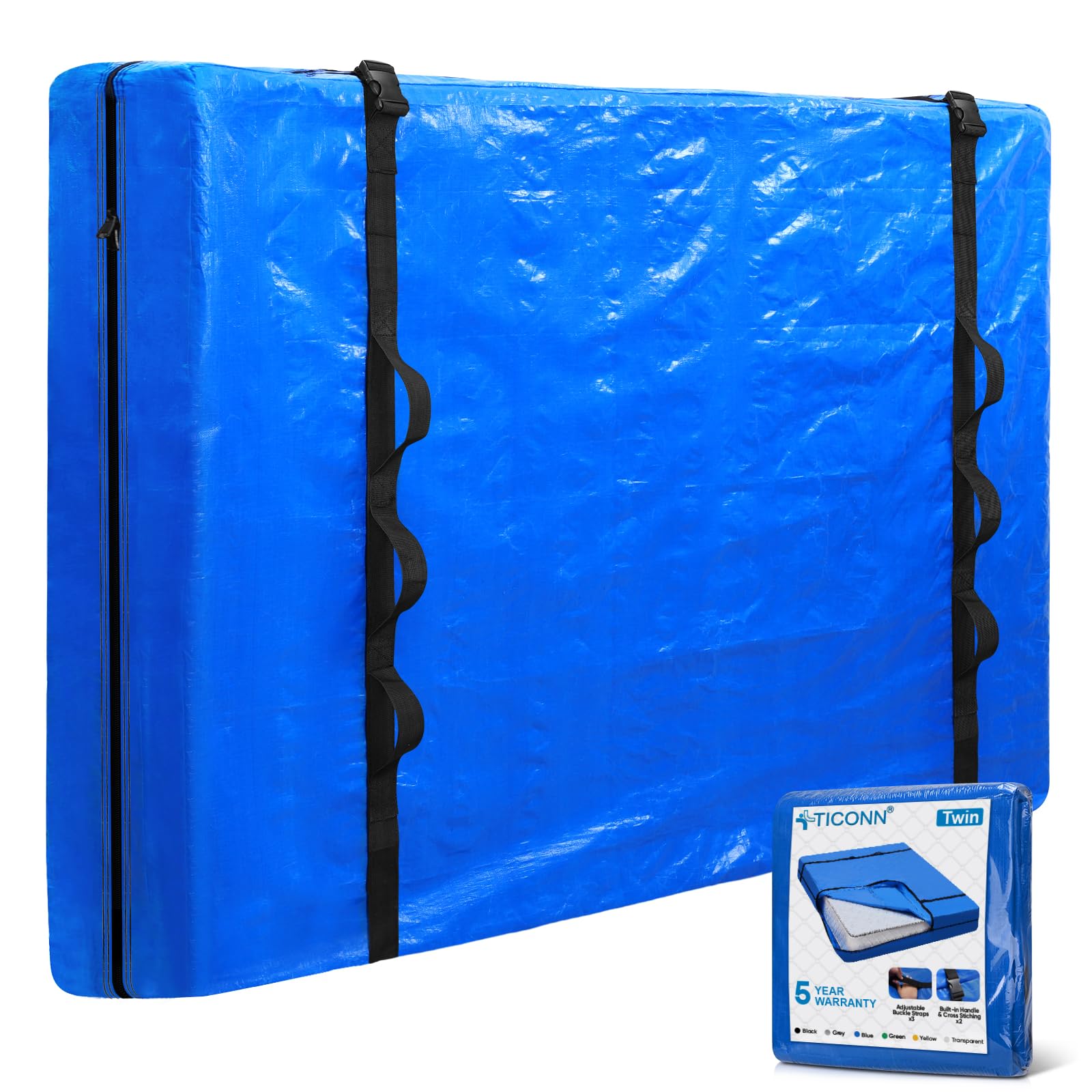 Photo 1 of TICONN Mattress Bags for Moving, Heavy Duty Twin Mattress Cover Storage Bag with Full-Around Handle and Adjustable Buckles (Blue, Twin)