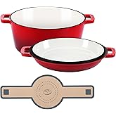 E-far 5 Quart Enameled Cast Iron Dutch Oven, 2 in 1 Dutch Oven Pot with Skillet Lid and Silicone Bread Sling, Ideal for Bread Baking, Cooking, Stewing, Frying, Induction & Oven Safe - Red