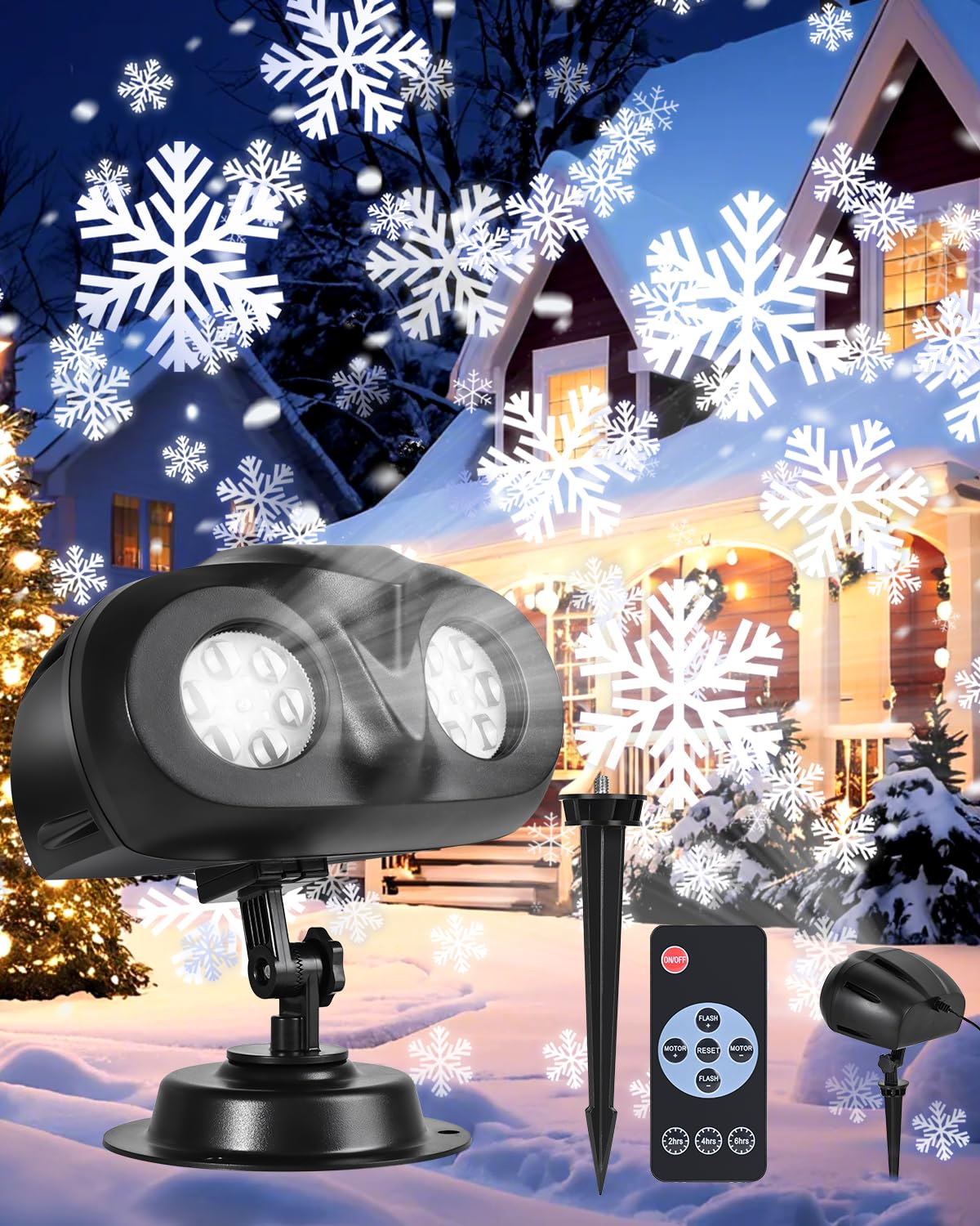 Photo 1 of 2025 Christmas Snowflake Projector Lights, Double Head Snowflake Projection Light with Remote, Christmas Projector Lights Outdoor IP65 Waterproof for Xmas Holiday Wedding Party Garden Patio Decor