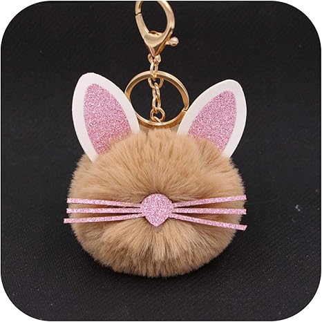 Amazon Co Jp かわいいふわふわ耳ひげ猫キーホルダーポンポン多くの色を選択偽ウサギのポンポンポンポンキーチェーンバッグ車のキーリング Khaki ホーム キッチン