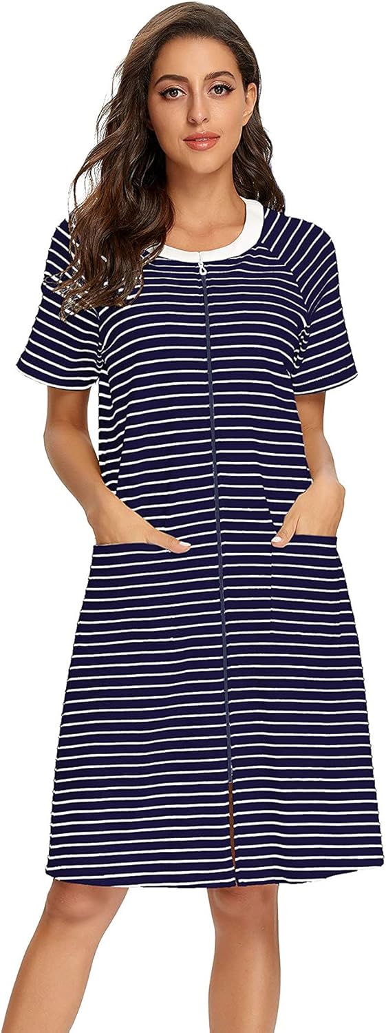 IZZY + TOBY Womens Zipper Robe Short Sleeve Striped Nightgown Long