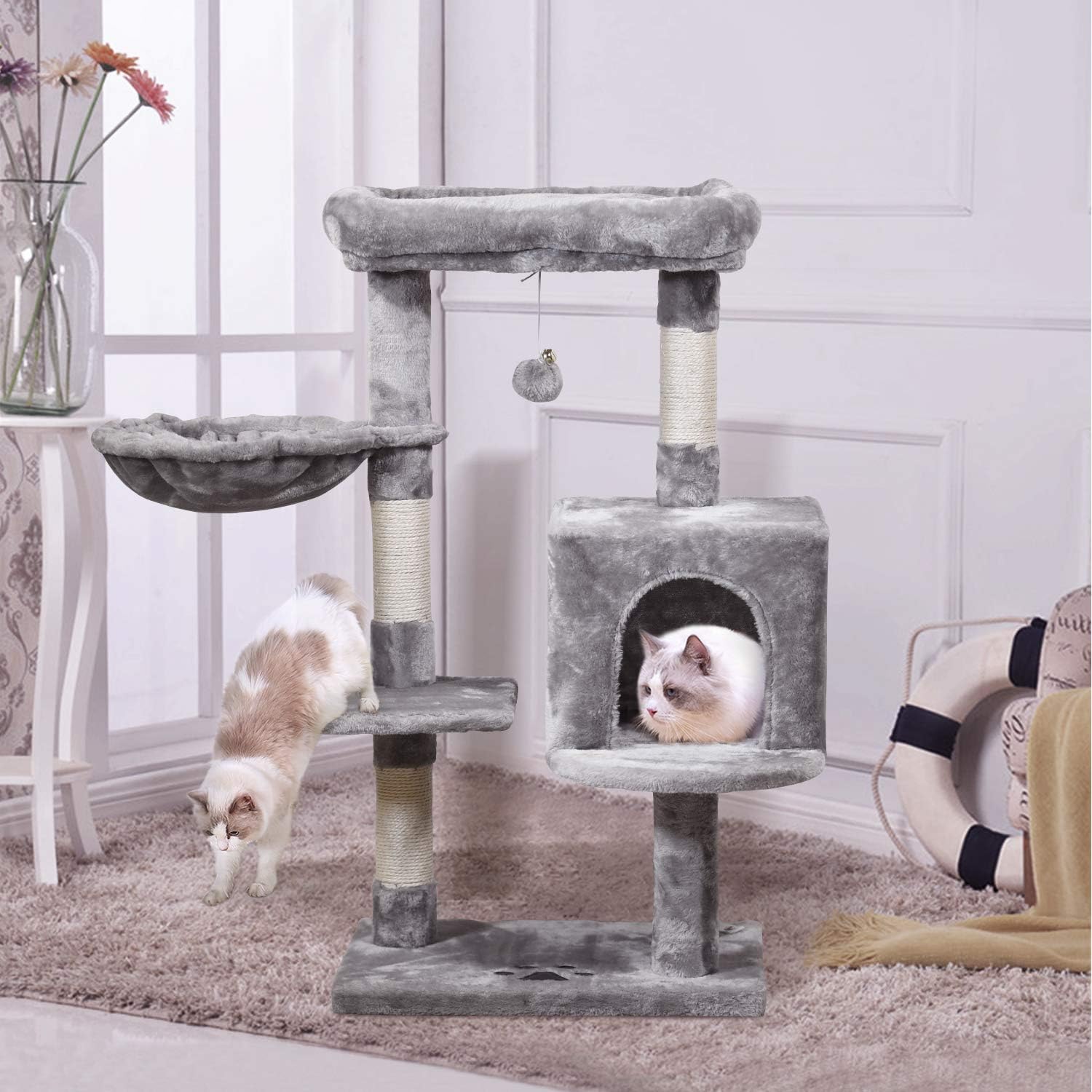 MQ Multi-Level Cat Tree Condo, Activity Center Cat Tower Furniture 36'' with Sisal-Covered Scratching Posts, Padded Plush Perch, Spacious Cat Cave & Baske for Small Kittens Adult Cats (Grey) : Pet Supplies