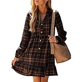 CUPSHE Women Fall Dresses Plaid Ruffle Hem V Neck Long Sleeve Button Holiday Tunic Mini Dress
