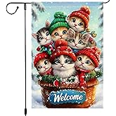 Welcome Winter Garden Flag 12x18 Inch Double Sided Burlap Outdoor Yard Decoration with Cute Kittens in Hats and Scarves for Christmas Holiday Front Porch Lawn Decor
