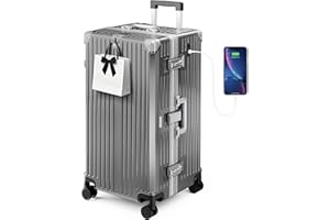 ALPHA CAMP Trunk Luggage, Large 30 Inch Thickened Aluminum Frame Luggage with TSA Spinner Wheels, 3-Layer PC Hardside Lightweight Zipperless Travel Suitcase, Type-C USB Charging Port, Cup Holder Grey