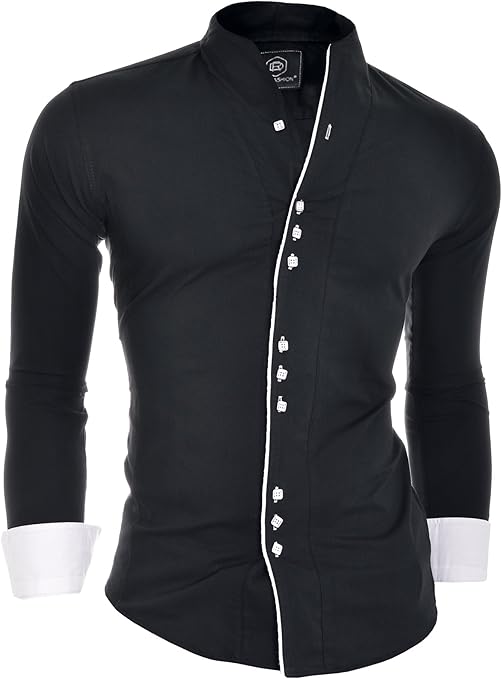 D&R Fashion Men's Formal Shirt with Contrast Cuffs Band Grandad Collar