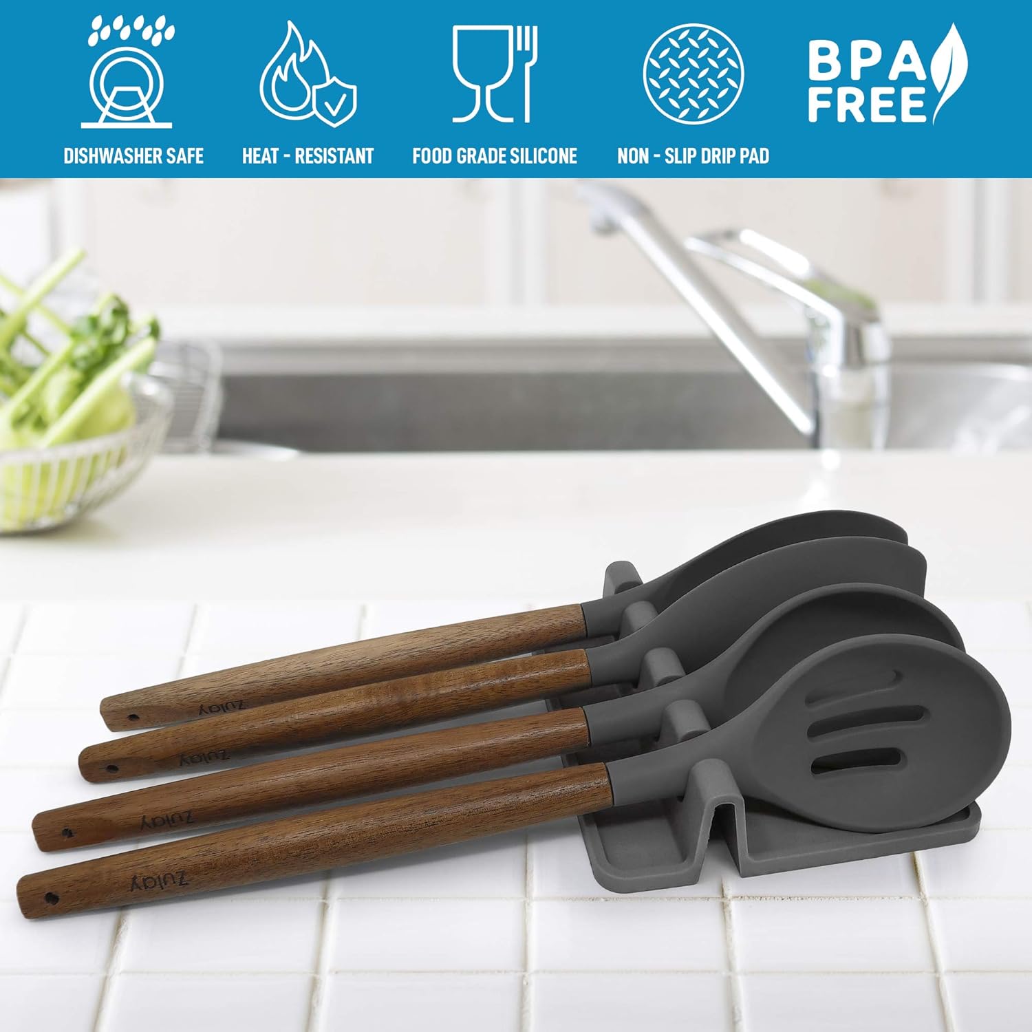Silicone Utensil Rest with Drip Pad for Multiple Utensils, Heat-Resistant, BPA-Free Spoon Rest & Spoon Holder for Stove Top, Kitchen Utensil Holder for Spoons, Ladles, Tongs & More - by Zulay: Kitchen & Dining