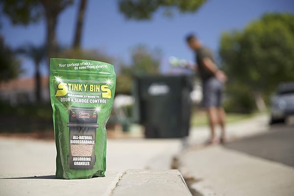 STINKY BINS GARBAGE ODOR ELIMINATOR – CHERRY SCENTED ABSORBING GRANULES FOR TRASH BINS, DUMPSTERS, GARBAGE CANS, AND OUTDOOR WASTE – ALL-NATURAL SLUDGE CONTROL AND DEODORIZER – 24 OZ BAG