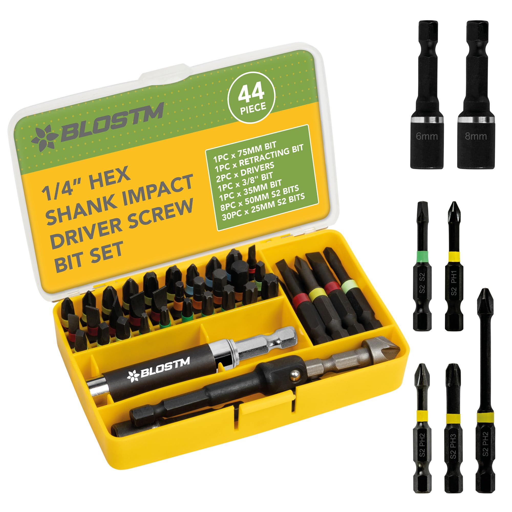 BLOSTM Impact Driver Bit Set - 44pcs Shock-Resistant Steel Impact Screwdriver Bit Set with Retracting Impact Driver Bits Holder, 1/4” Hex Shank Bits & Nut Drivers - Includes Compact Storage Case