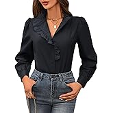 LOOKBOHO Women's Long Sleeve Shirts - Ruffle Mock Neck Button Down Tops Fall Dressy Elegant Solid Retro Blouse for Work, Office, Casual, and Formal Wear Black X-Large