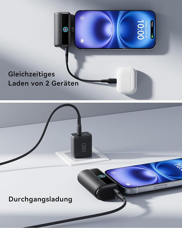 Mini Powerbank mit Schnellladung, 5500mAh Power Bank 22.5W, Integrierter Faltbarer USB-C Konnektor, LED External Battery Pack Powerbank, Kompatibel mit iPhone 16, Samsung S22/23 und mehr