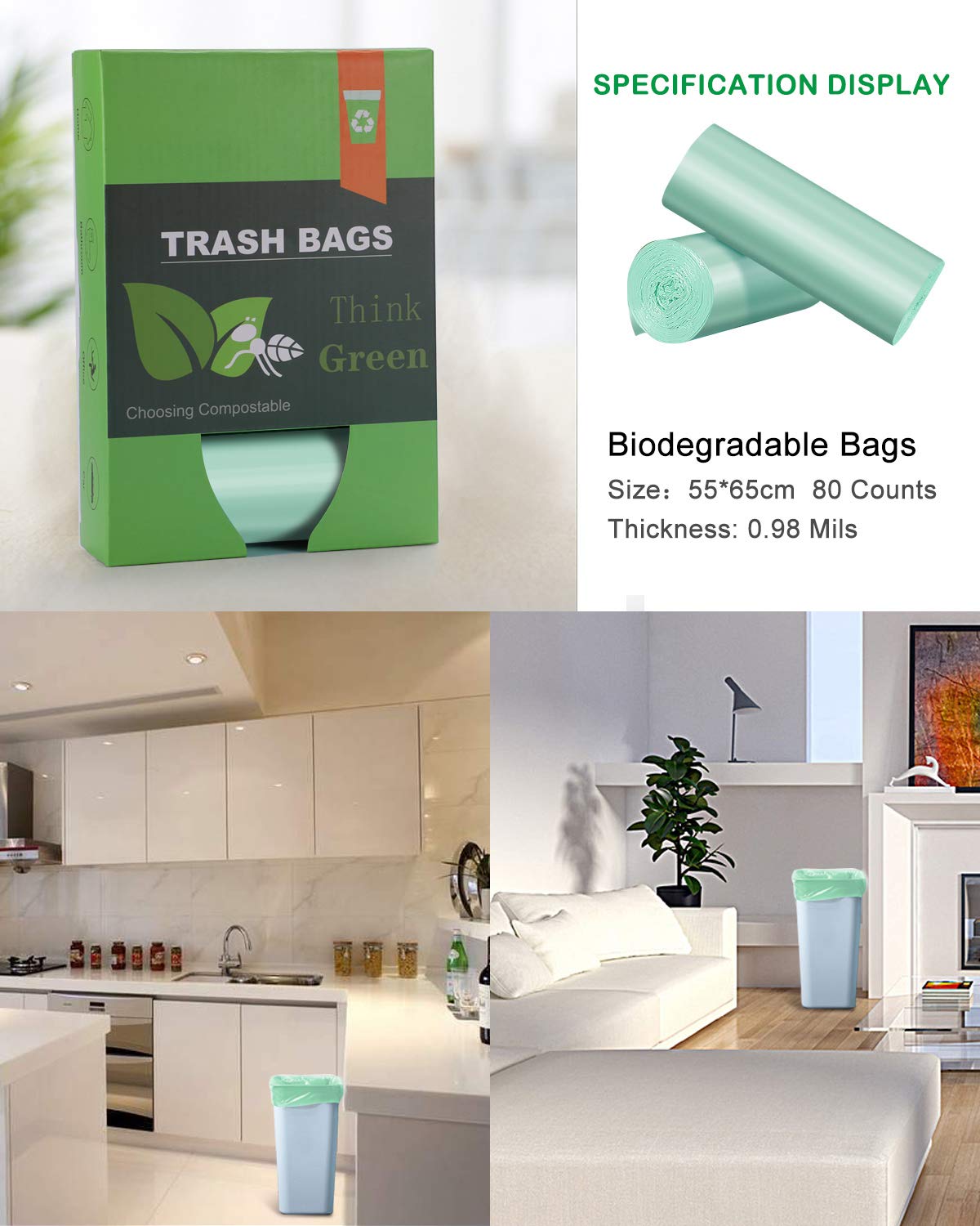 8 Gallon Biodegradable Trash Bags, Thicken 0.98Mils Recycling Bags, Unscented Strong Compostable Trash Bags for Office,Home,Bathroom,Bedroom,Car,Kitchen,Pet Trash Can Liners