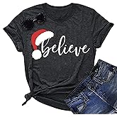 Believe Christmas Shirt for Women Christmas Tree Graphic T-Shirts Believe Letter Print Tees Holiday Tops