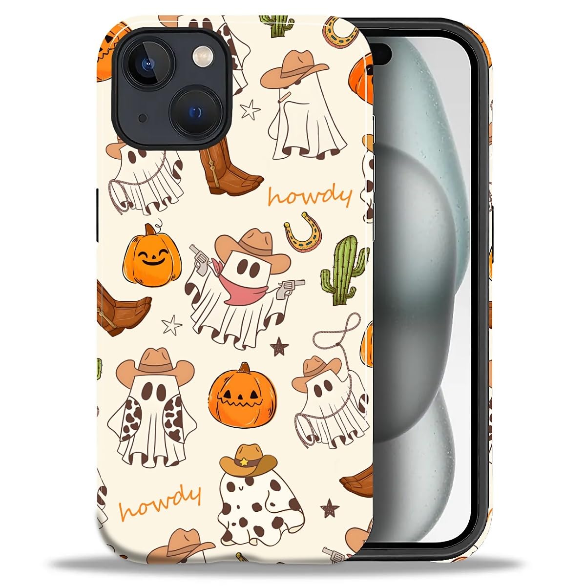 Flivro Case for iPhone 15 Plus, Hybrid Heavy Duty 2 in 1,PC Hard Shell & Silicone Inner Bumper, Anti-Scratch Full-Body Cover Shockproof Slim Design Case - Western Ghost Cowboy Halloween