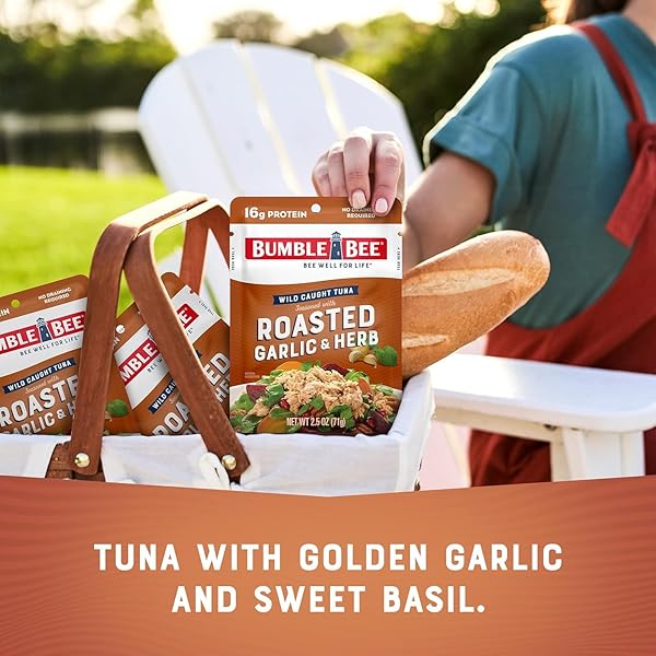 BUMBLE BEE ROASTED GARLIC & HERB SEASONED TUNA, 2.5 OZ POUCH – READY TO EAT – WILD CAUGHT TUNA PACKET – 16G PROTEIN PER SERVING – GLUTEN FREE