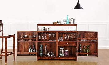 Jiya Creation Bar Cabinet | Wine Rack with Glass Storage | Bar Unit for Home Decor (Sheesham Wood) (Teak Shade)