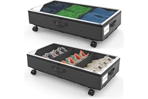 JIYINGDUO 3rd Generation Under Bed Storage with Wheels 2-in-1 Underbed Storage Bins Containers Label Shoe Storage Organizer Drawer Bag Clear Window Solid Fabric for Bedroom Clothes Shoe Blanket (two-black)