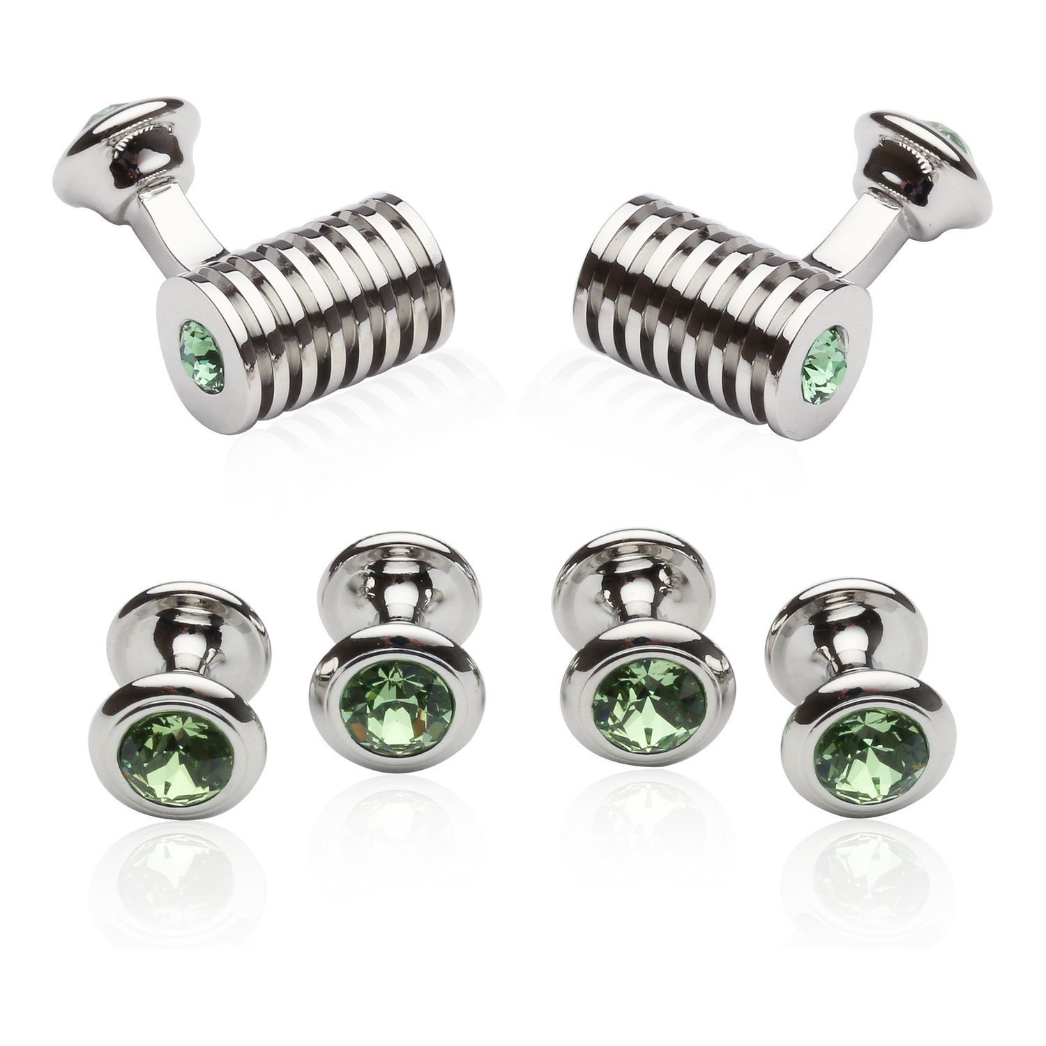 Silver Peridot Barrel Formal Set Crystal Cufflinks Studs