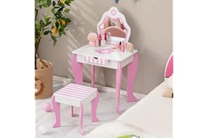 HONEY JOY Kids Vanity, Toddler Makeup Table with Mirror and Stool, Wooden Pretend Play Vanity for Little Girls, Detachable Mirror and Storage Drawer, Kids Vanity Table and Chair Set (Pink)