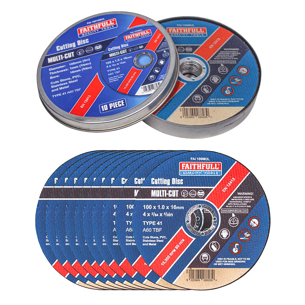 Faithfull Extra Thin 1mm Fast Cut Cutting Discs – 100mm x 1mm x 16mm (4 inch) Multi-Cut Disc, 10 Pack with Storage Tin