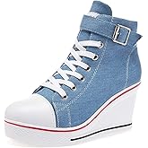 ALLINNINE Women's Sneaker Shoes High Heel Fashionable Canvas Shoes High Tube Lace Up Wedge Edge Zipper Slope Angle Shoes Size 4-11